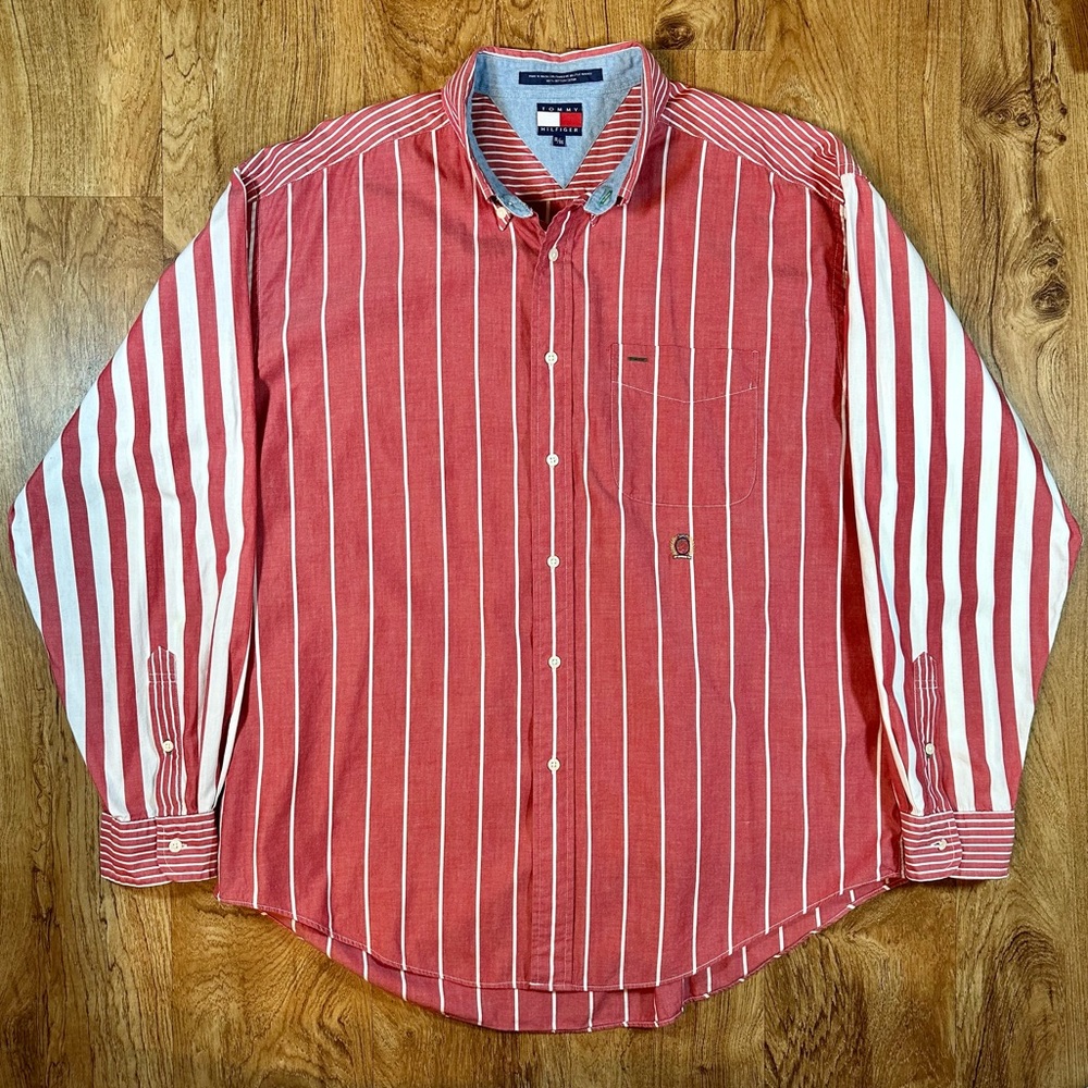 Vintage 90’s Tommy Hilfiger Red & White Multi Striped Shirt Size XL Mens Women’s